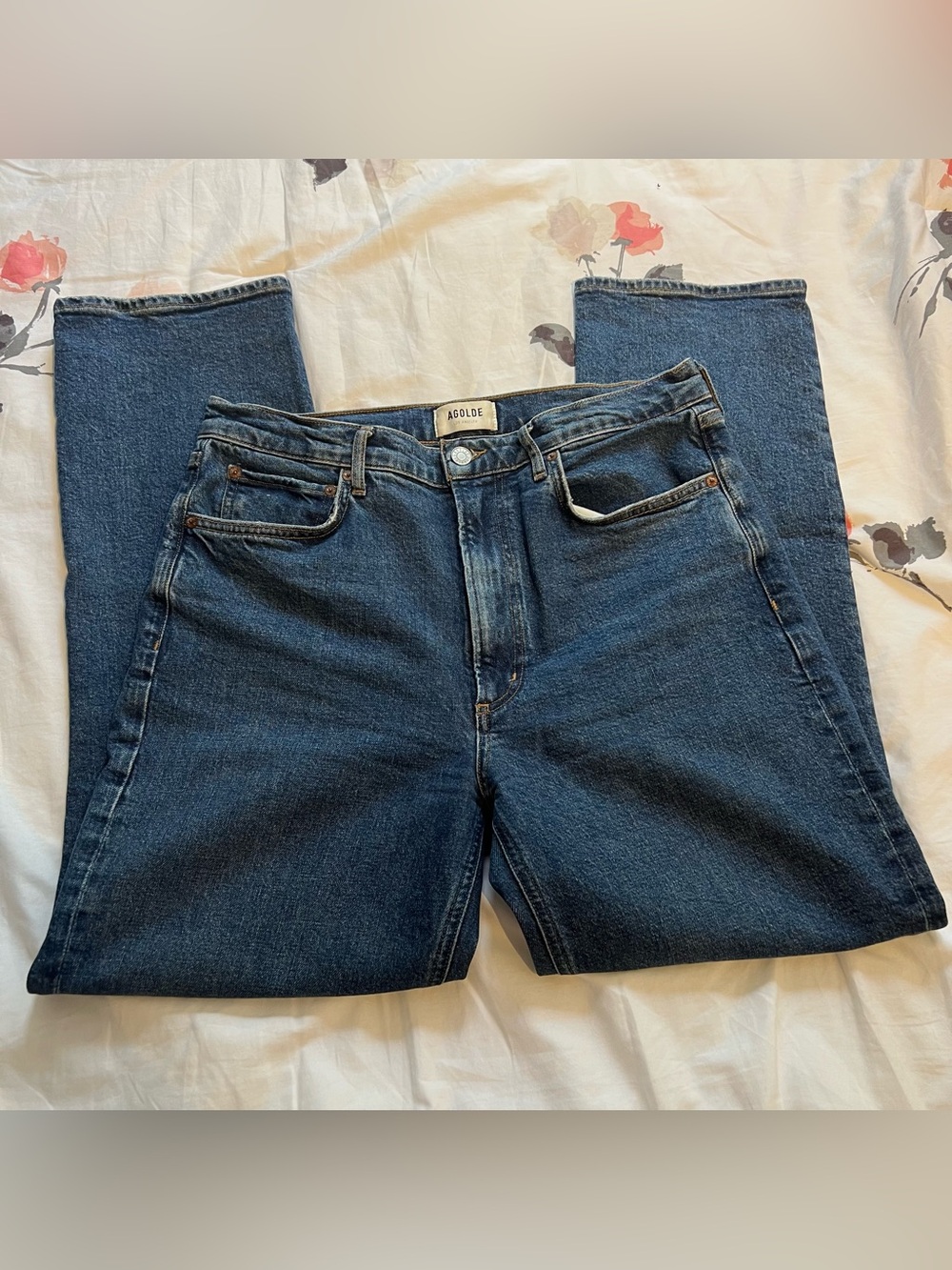 Agolde high rise stovepipe straight jeans in medium dark denim wash - zipper fly